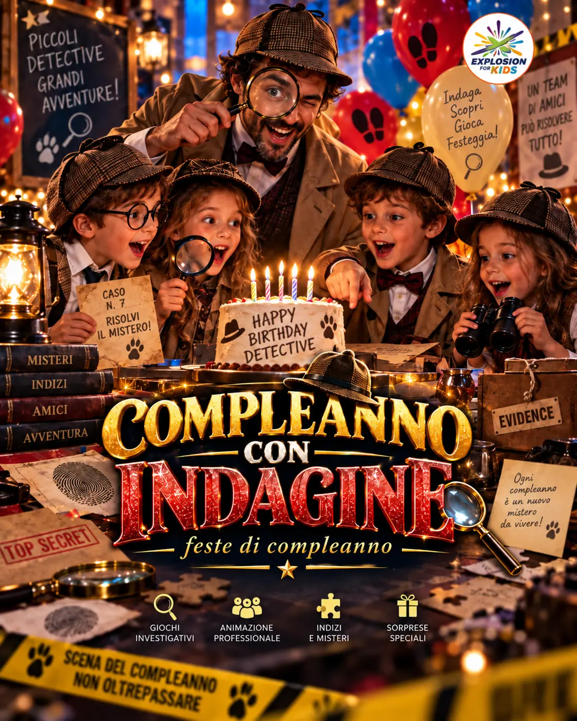 Locandina della festa di compleanno Compleanno con Indagine