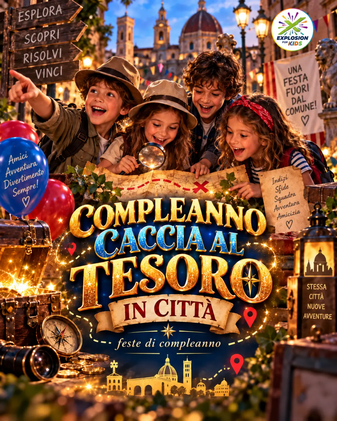 Locandina della festa di compleanno Compleanno Caccia al Tesoro in Città